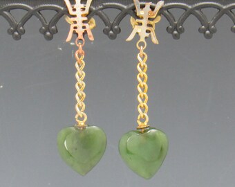 Vintage Gold Plated Japanese Jade Heart Dangle Earrings with Posts,  From Okinawa Japan over 40 years ago. Ready to Ship with Free Shipping.