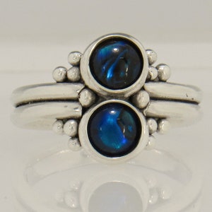 Sterling Silver ring with 2 6 mm Blue Paua Shell Cabochons, Size 8.75, One of a Kind Artisan Ring Made in the USA with Free Shipping. image 1