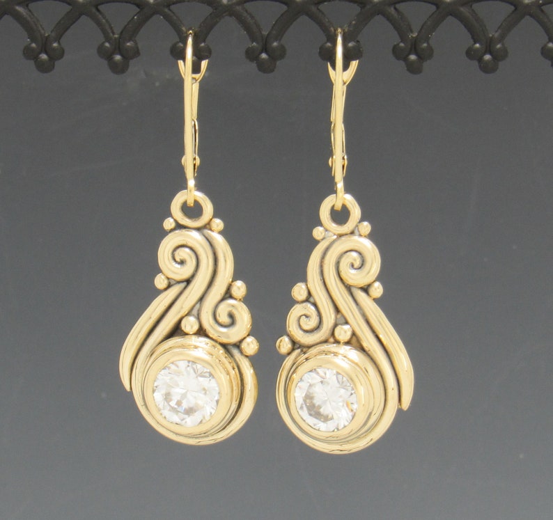 14ky Gold Earrings with 6.5 mm Moissanites and Lever Back Ear Wires, Handmade One of a Kind Earrings, Made in the USA with Free Shipping. image 1