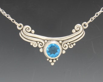 Sterling Silver 10mm Blue Topaz Necklace, Handmade One of a Kind Artisan Jewelry Made in the USA with Free Domestic Shipping!