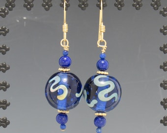 Yellow Gold Filled Wire Earrings with Blue Lamp Work Beads and Lapis Beads, Handmade One of a Kind Artisan Earrings Made in the USA!
