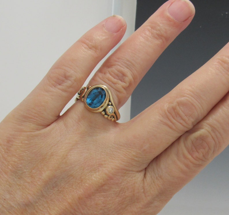 14ky Gold 10x8 mm London Blue Topaz with Moissanite Ring, Size 8 1/2, One of a kind Handmade Artisan ring made in the USA, Free Shipping. image 6