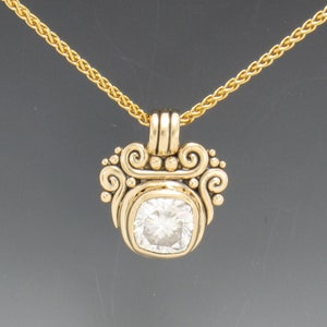 14k Yellow Gold Pendant with 10 mm Cushion Cut Moissanite, 4.20 ct. 18 Gold Chain One of a Kind Pendant Made in the USA, Free Shipping. image 2