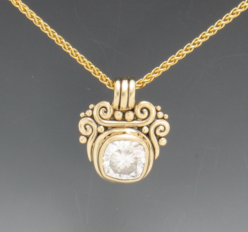 14k Yellow Gold Pendant with 10 mm Cushion Cut Moissanite, 4.20 ct. 18 Gold Chain One of a Kind Pendant Made in the USA, Free Shipping. image 2