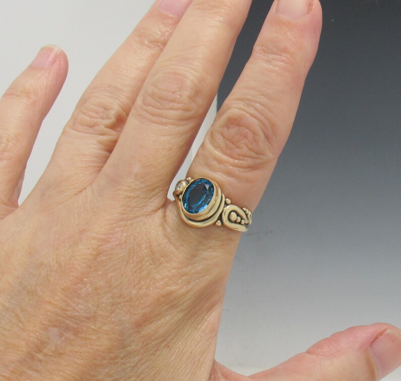 14ky Gold 10x8 mm London Blue Topaz with Moissanite Ring, Size 8 1/2, One of a kind Handmade Artisan ring made in the USA, Free Shipping. image 10