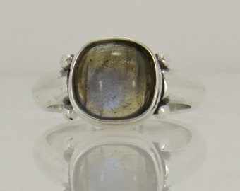 Sterling Silver Ring with 10 mm Cushion Cut Labradorite, Handmade One of a Kind Artisan Ring Made in the USA with Free Shipping.  Size 9 1/4
