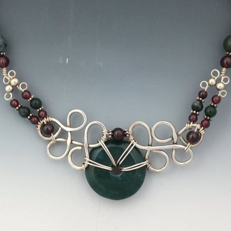 17 Length with Sterling Silver Chain Sterling Silver Wire Wrapped Green Agate and Garnet Bead Necklace