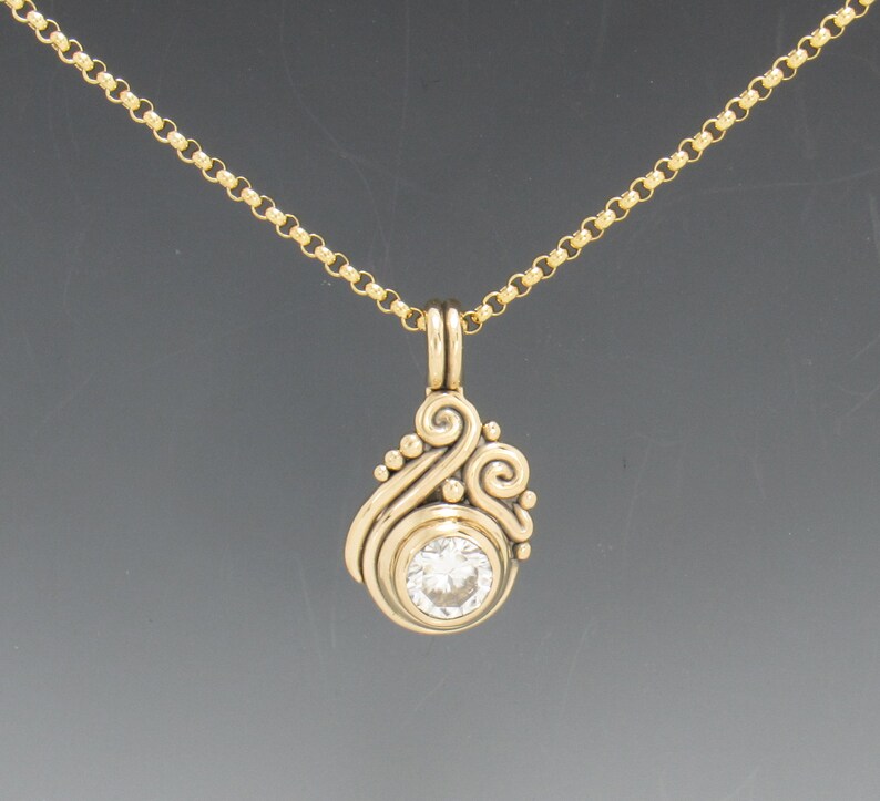 14k Yellow Gold Pendant with 8 mm 1.60ct. Moissanite, 18 Gold Chain Handmade One of a Kind Pendant Made in the USA with Free Shipping image 2