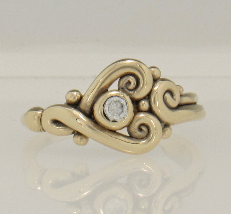 14ky Gold Heart Ring with 3.5mm Moissanite, Size 9, Handmade One of a Kind Ring Made in the USA with Free Shipping. Gold Promise Ring. image 1