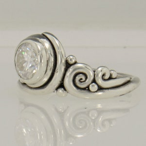 Sterling Silver Ring with 7 mm Moissanite , Handmade One of a Kind Artisan Jewelry Made in USA with Free Shipping image 3