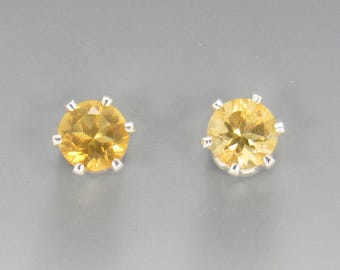 Sterling Silver 6 mm Citrine 6 prong Post Earrings with Push back Ear nuts.