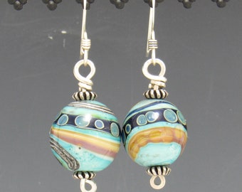 Sterling Silver Wire Earrings with Glass Lamp Work Beads and SS Beads, Handmade One of a Kind Artisan Earrings with Free Shipping!