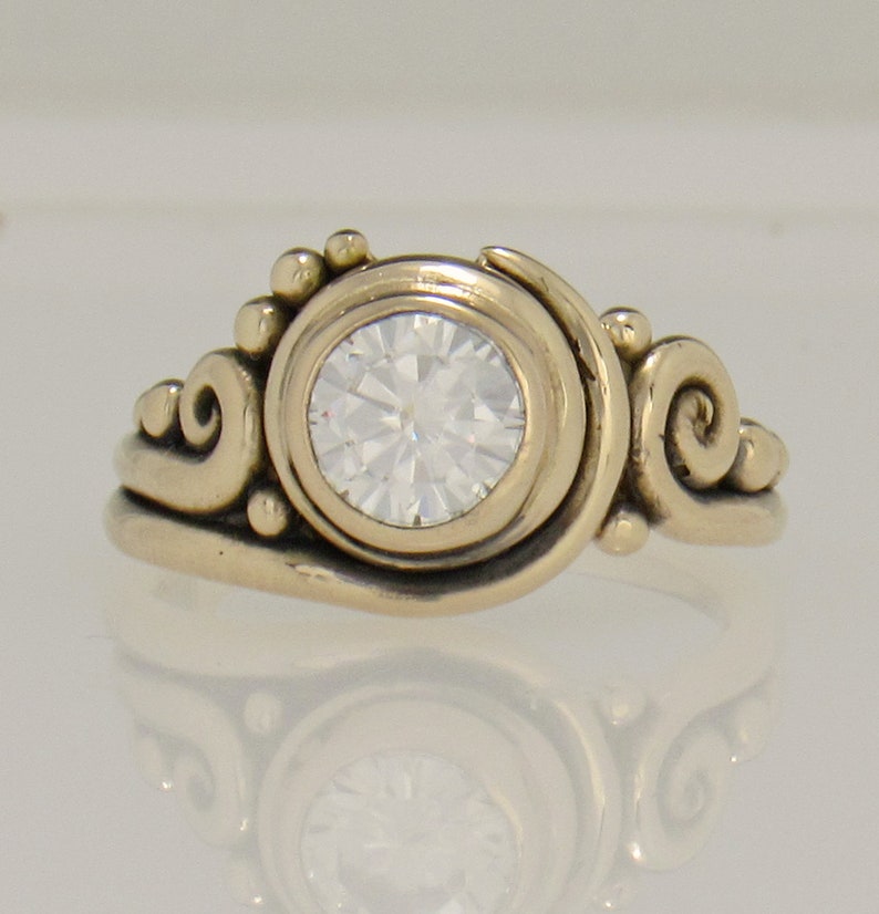 14ky Gold 7.5 mm Moissanite Ring, Handmade One of a Kind Artisan Engagement Ring Made in the USA with Free Domestic Shipping, Size 8 1/4. image 1