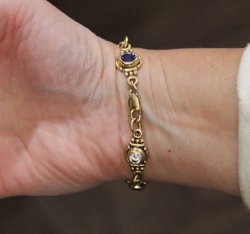 14k Yellow Gold Bracelet with Moissanites and Chatham Created Sapphires, 7 1/2, Handmade One of a Kind Artisan Bracelet Made in the USA image 9