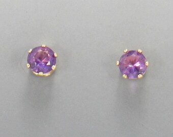 Yellow Gold Filled 4 mm Amethyst 6 prong Post Earrings with Push back Ear nuts.