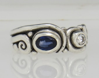 Sterling Silver Ring, 7x5 Nigerian Sapphire, 3.5mm Moissanite, Size 9 1/4, Bezel Set One of a Kind