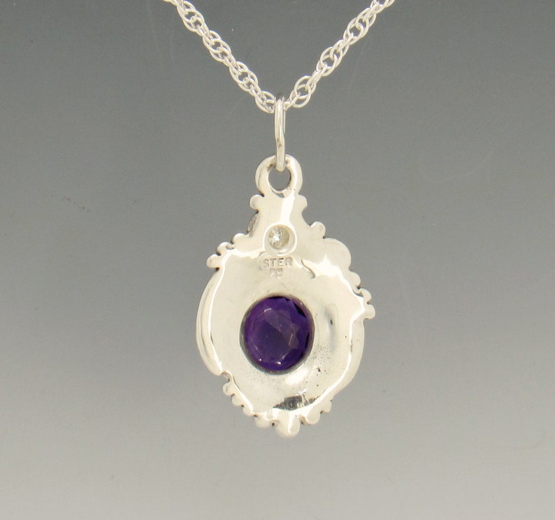 Sterling Silver 10mm Amethyst and 3mm Moissanite Pendant, has 20 Silver Chain, Handmade One of a Kind Artisan Jewelry with Free Shipping image 3