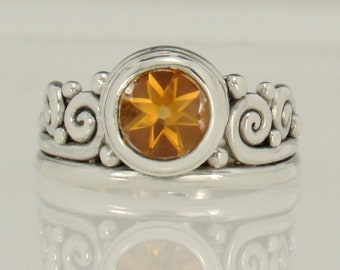 Sterling Silver 8 mm Citrine Ring- Handmade One of a Kind Artisan Ring Made in the USA with Free Domestic Shipping, Size 8