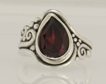 Sterling Silver 13 x 9 mm Faceted Pear Garnet Ring, Size 8, Handmade One of a Kind Artisan Ring Made in the USA with Free Domestic Shipping.