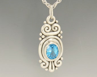 Sterling Silver 8x10 mm Swiss Blue Topaz Pendant, has 20" Sterling Silver Chain, Handmade One of a Kind Artisan Jewelry with Free Shipping!