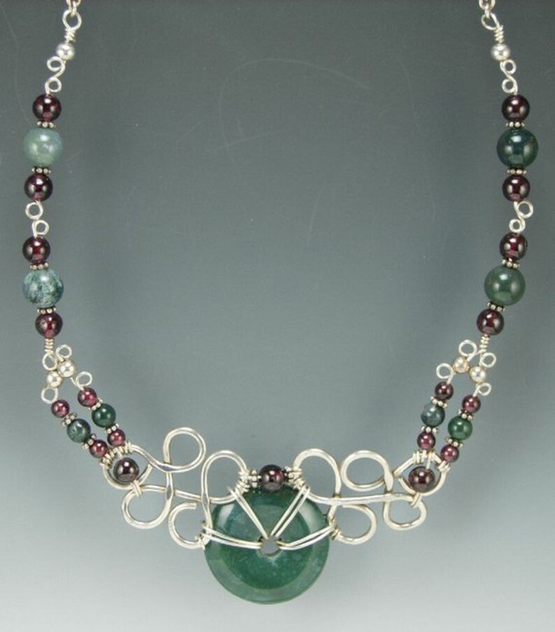 17 Length with Sterling Silver Chain Sterling Silver Wire Wrapped Green Agate and Garnet Bead Necklace