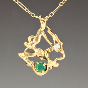 14k Yellow Gold Abstract Pendant with 4mm Emerald and .07pt Diamond, Handmade One of a Kind Pendant Made in the USA with Free Shipping!