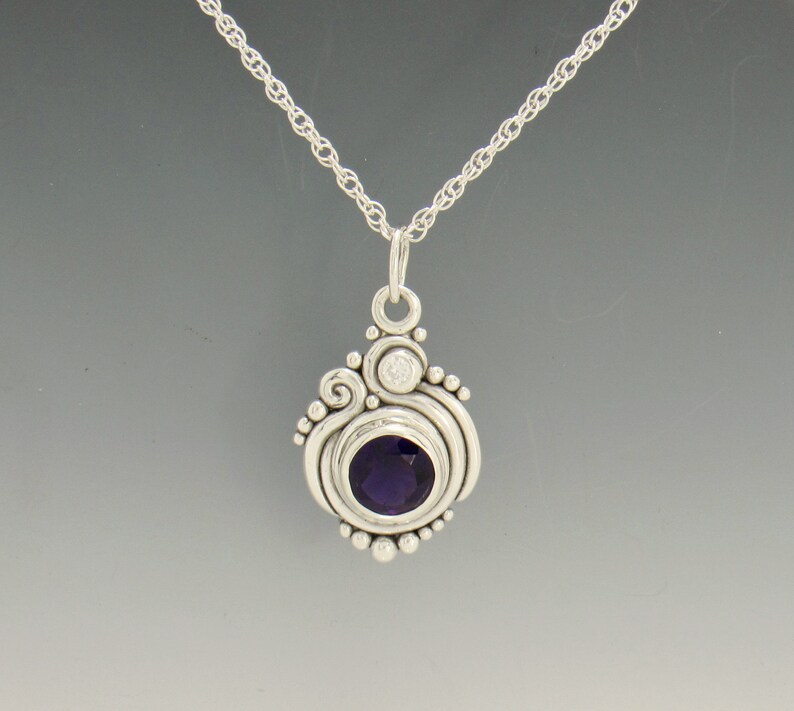 Sterling Silver 10mm Amethyst and 3mm Moissanite Pendant, has 20 Silver Chain, Handmade One of a Kind Artisan Jewelry with Free Shipping image 2