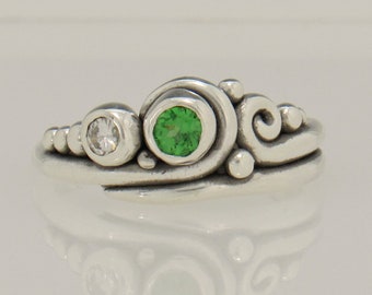 Sterling Silver 4 mm Green Tsavorite Garnet and 3 mm Moissanite Ring, One of a Kind Artisan Ring, Made in the USA with Free Shipping.