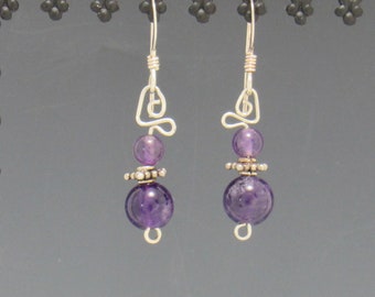 Sterling Silver Wire Earrings with 6 + 4 mm Amethyst Beads- Handmade One of a Kind Earrings Made in the USA with Free Shipping!