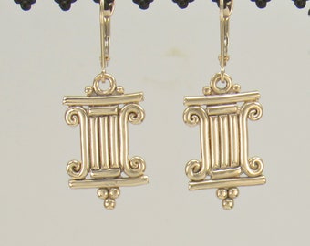 14k Yellow Gold Greek Column Earrings,  Handmade One of a Kind Artisan Earrings Made in the USA with Free Domestic Shipping.