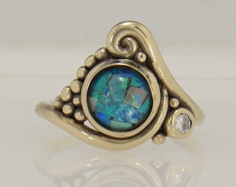 14ky gold 8mm Mosaic Opal and 3mm Moissanite Ring, Handmade One of a Kind Artisan ring made in the USA with Free Shipping.