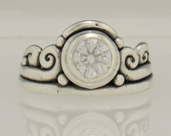 Sterling Silver Ring with 6.5mm Moissanite , Handmade One of a Kind Artisan Jewelry Made in USA with Free Shipping!