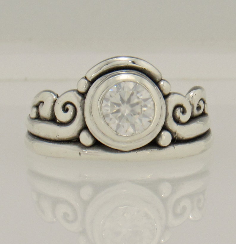 Sterling Silver Ring with 6.5mm Moissanite , Handmade One of a Kind Artisan Jewelry Made in USA with Free Shipping image 1