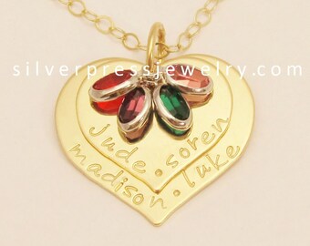 TWO HEARTS 14k GOLD . Personalized Hand Stamped Necklace . by silverpress . Gift for Mom Jewelry . free shipping