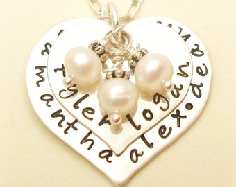 PERSONALIZED Sterling Silver MOTHER'S Two Hearts Necklace . by SilverPress Hand Stamped Mom Gift Jewelry  Free Shipping