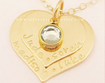 Gold TWO HEARTS Family Story Necklace 14k Gold Filled PERSONALIZED Hand Stamped Mom Gift Jewelry Keepsake Meaningful  free shipping