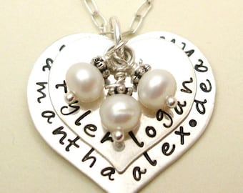 Hand Stamped Sterling Silver Two Hearts Necklace, Personalized Keepsake