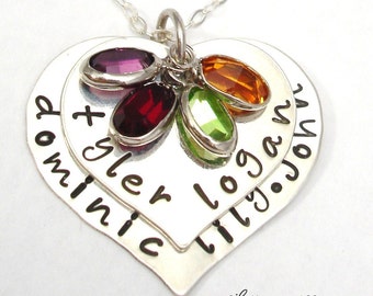 TWO HEARTS Family Story Necklace ... Sterling Silver PERSONALIZED Gift for mom Jewelry Hand Stamped by silverpress ... Free Shipping