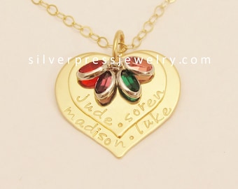 Free Shipping 14k GOLD Personalized TWO HEARTS Family Story Necklace Hand Stamped Vintage Style Mom Grandmother Gift Jewelry Nana Mom Charms