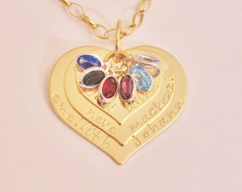 GORGEOUS ... Original 14k GOLD 3 Hearts Personalized Necklace FREE Shipping Stamping Three silverpress Perfect Vintage style Christmas Gift