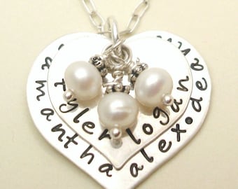 TWO HEARTS Love Story Necklace . Sterling Silver Personalized Mothers Jewelry .. Hand Stamped Children Names . Free Shipping