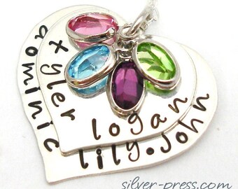 Personalized Sterling Silver Two Hearts Family Story Necklace with Birthstones