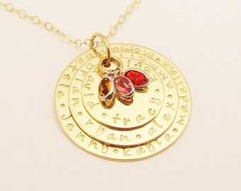 14k GOLD Personalized . The GRAND FAMILY Story Necklace .... Hand Stamped Charm Jewelry ... Birthday Mommy Gift . free shipping