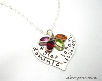 TWO HEARTS Family Story Necklace ... Sterling Silver PERSONALIZED Mothers Jewelry Hand Stamped by silverpress . Free Shipping