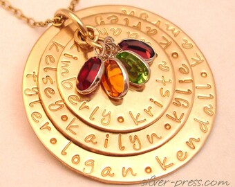 The GRAND FAMILY Story Necklace ... Mother's Day 14k GOLD Personalized Hand Stamped Grandmother Jewelry ... Birthday Mommy Gift .silverpress