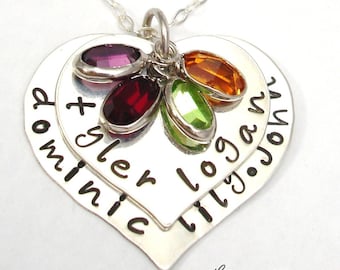 PERSONALIZED Sterling Silver hand stamped TWO HEARTS Family Story Necklace ...  by silverpress ... Free Shipping