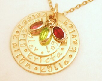 The NANA NECKLACE ..Hand Stamped Personalized 14k GOLD Family Story Mommy Pendant ... Children Birthstones ..Only by silverpress