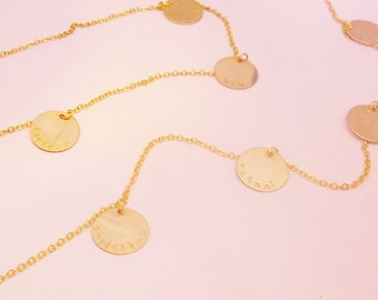 34 inch Large LONG STORY 14k Gold Necklace . 9 discs PERSONALIZED Hand Stamped jewelry fashion charms . . . . . . free shipping