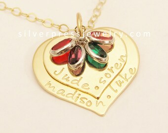 silverpress 14k GOLD TWO HEARTS Family Story Personalized Necklace . Mother's Gift Hand Stamped Mom Jewelry . free shipping