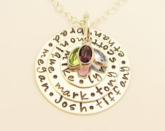 The NANA  NECKLACE in Silver PERSONALIZED by silverpress Sterling Silver Hand Stamped Jewelry Pendant . charm & birthstones .. free shipping